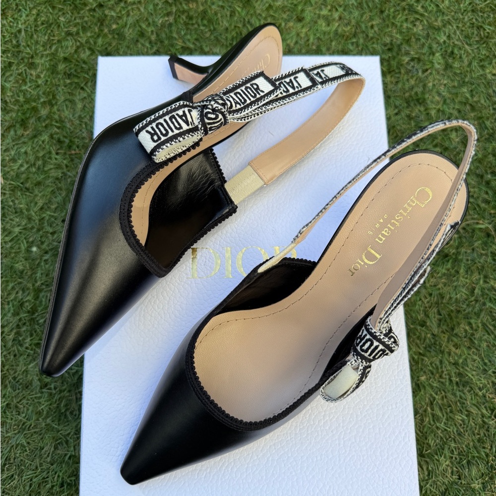 CHRISTIAN DIOR J'ADIOR BLACK CALFSKIN LEATHER SHOES SLINGBACKS KITTEN HEELS 37.5 - Picture 2 of 15